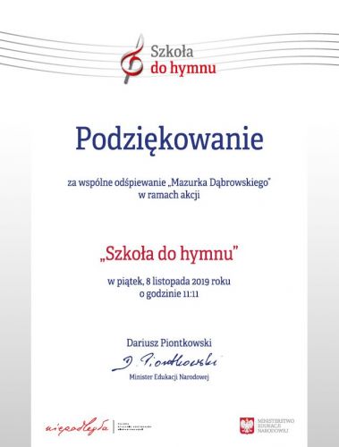 Czytaj więcej: SZKOŁA DO HYMNU – PODZIĘKOWANIE ZA UDZIAŁ W AKCJI