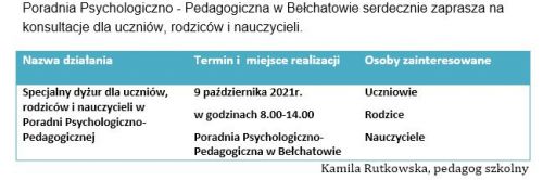 Czytaj więcej: Dyżur specjalistów Poradni Psychologiczno - Pedagogicznej